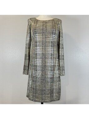 Jessica Howard Midi Dress Womens Size 8 Gray Silver Metallic Plaid Long Sleeve